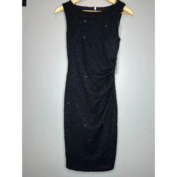 Bisou Bisou midi pencil dress SIZE 4 black sequin tweed ruched sleeveless NWT - Picture 1 of 8
